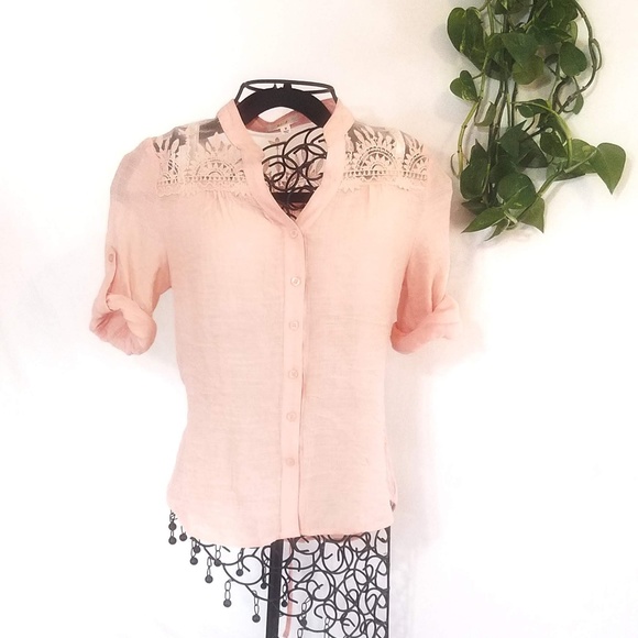**SOLD ** Anthropologie Peach Lace Tie Mesh Top - Picture 2 of 7